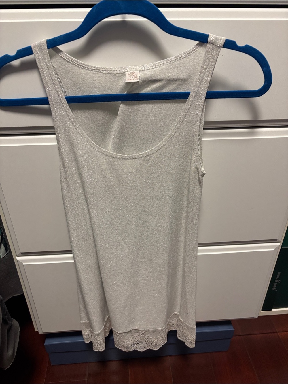 Only Hearts Shimmery White Scoop Neck Lace-Hem Tank long